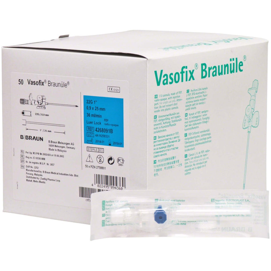 Vasofix Braunüle, 0.9 × 25 mm, G22, blue, pack of 50