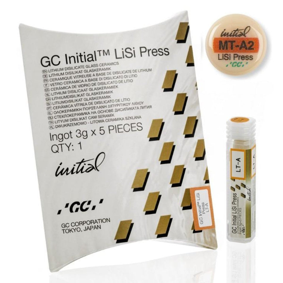 GC Initial LiSi Press, veneers, type blanks and pellets, MT, shade A2, pack of 5 x 3 g, suitable for all types of restorations across all translucency levels