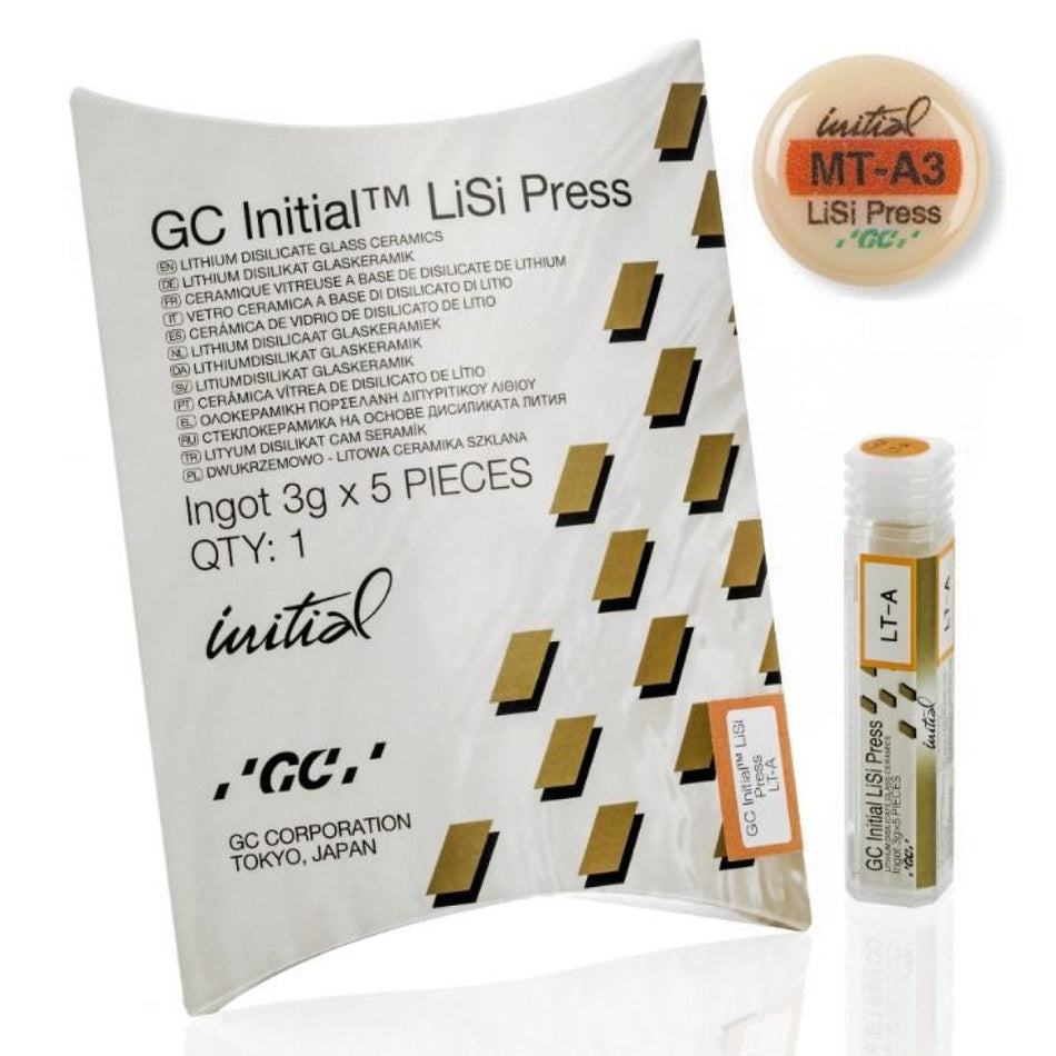 GC Initial LiSi Press, veneers, type blanks and pellets, MT, shade A3, pack of 5 x 3 g, suitable for all types of restorations across all translucency levels