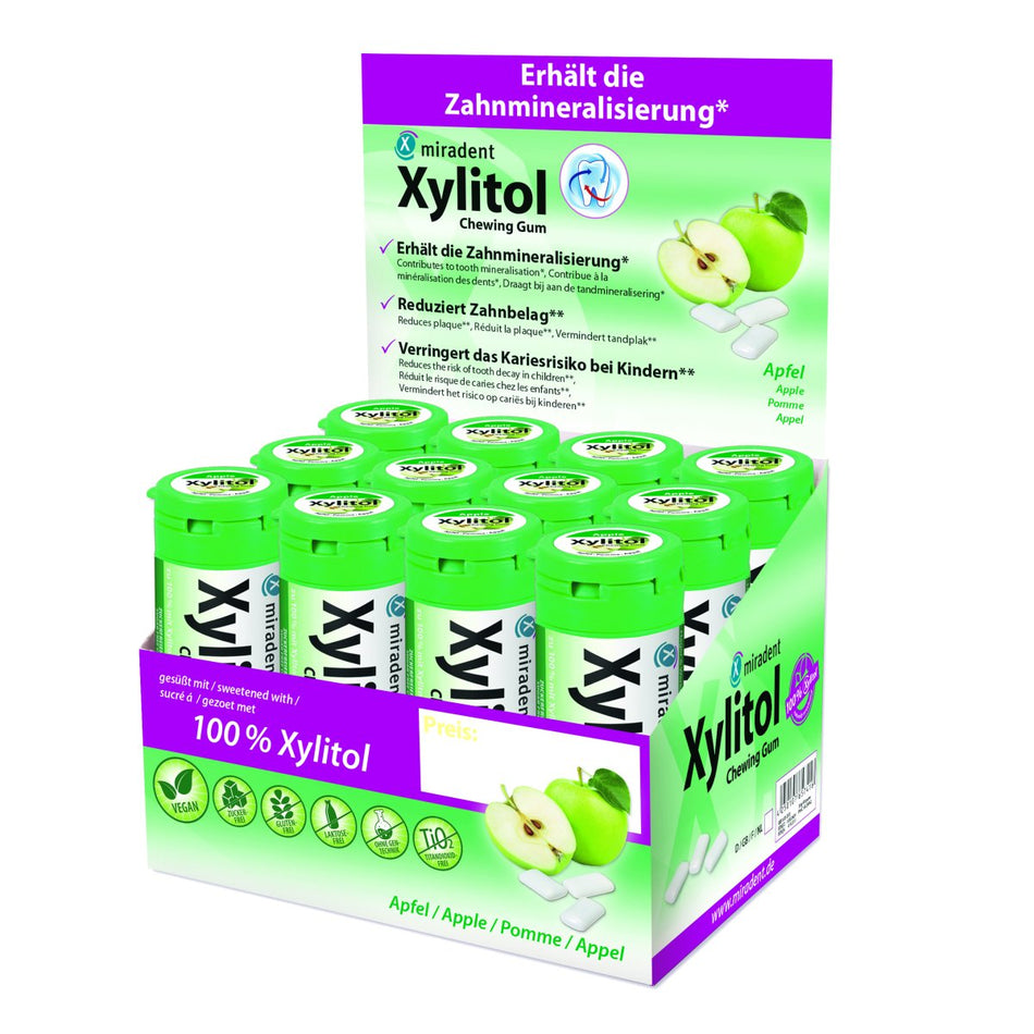 miradent Xylitol Chewing Gum, apple, kids, display of 12 cans