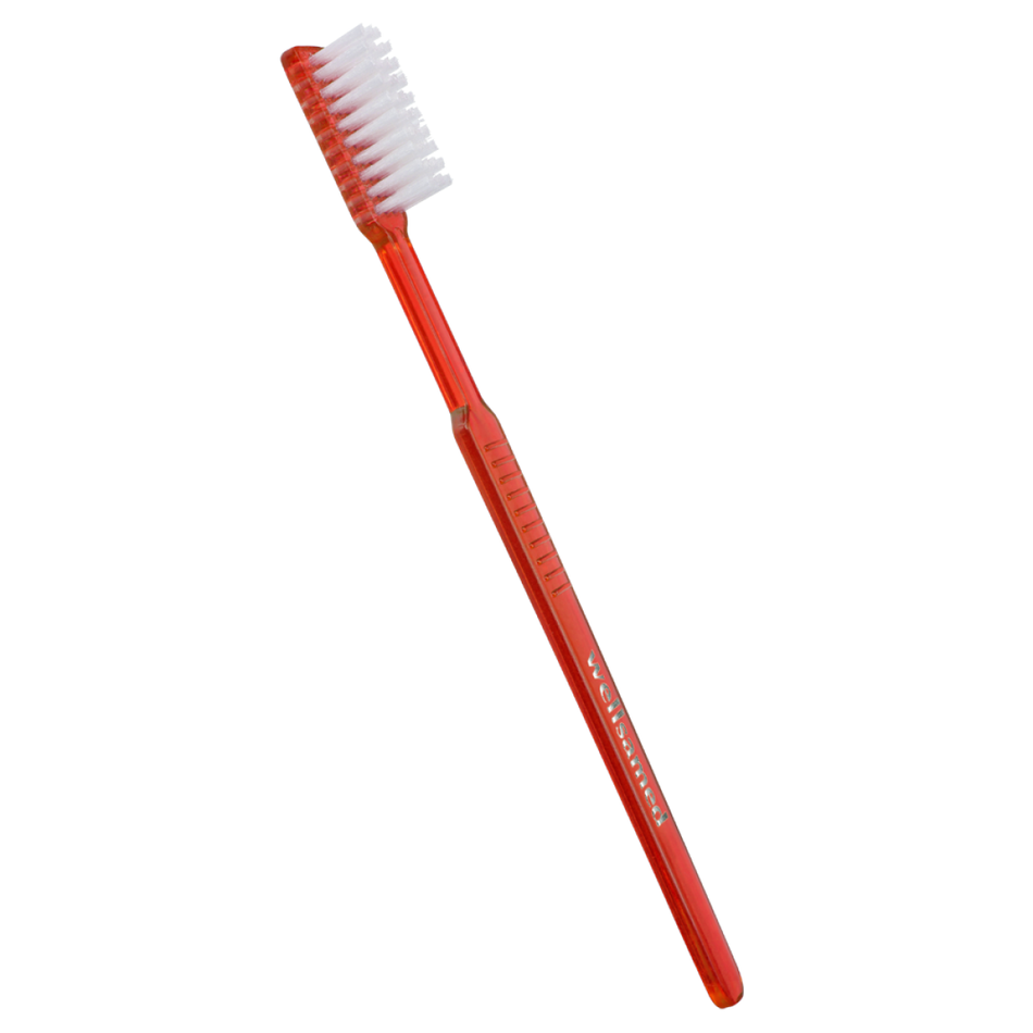 Wellsabrush Disposable Toothbrushes, 100 Pieces, Red-Transparent