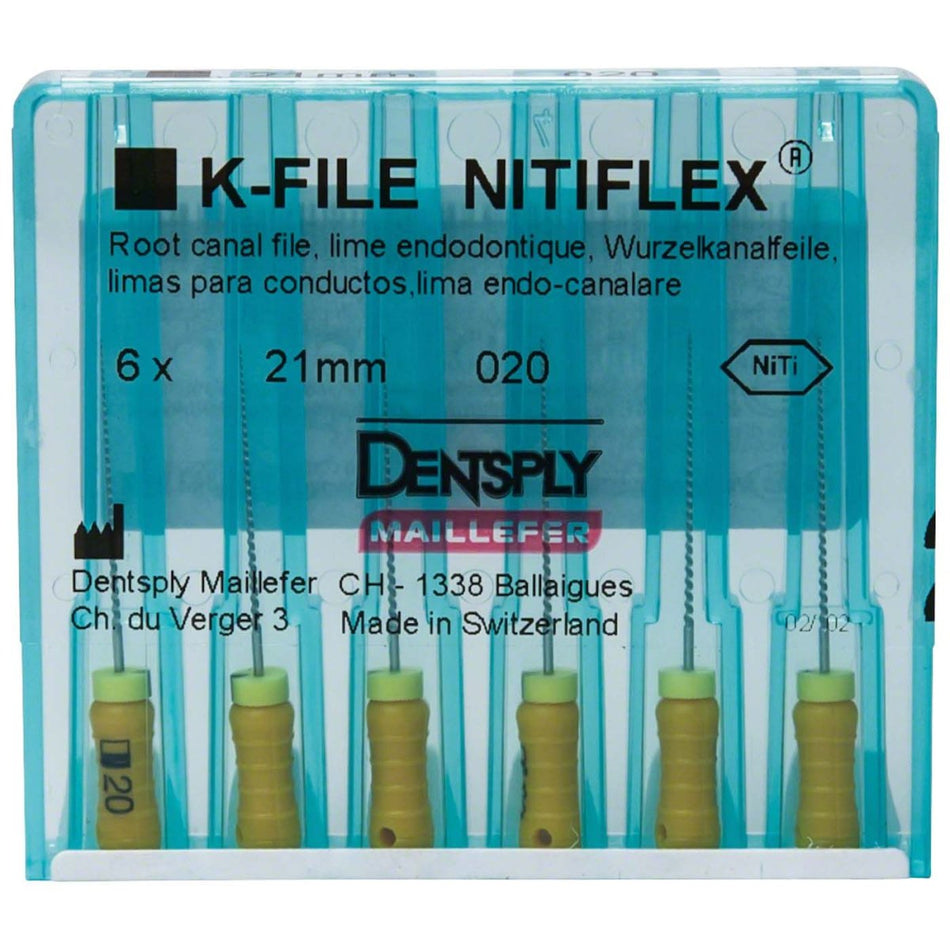 K-file Nitiflex, hand use, 21 mm, ISO 020, yellow, blister of 6 pieces