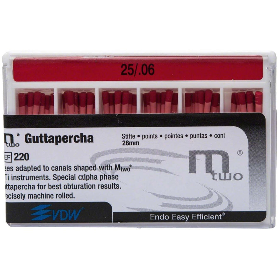 Mtwo gutta-percha tips, Taper 06, 28 mm, ISO 025, red, pack of 60 pieces